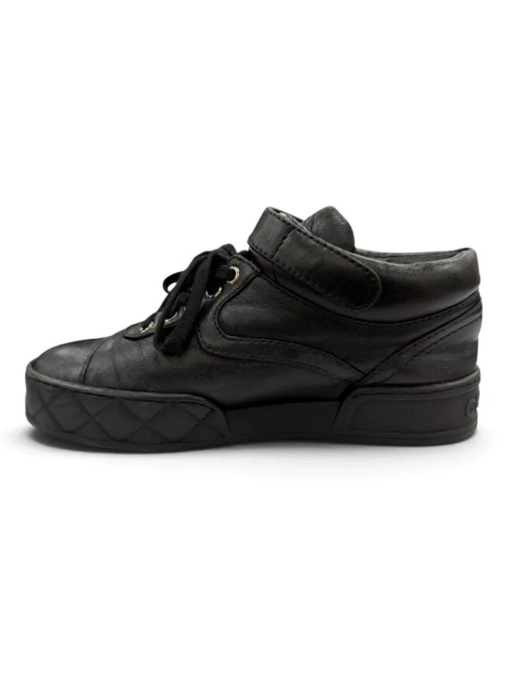 Chanel CC Logo Velcro Lace-up Leather Middle High Top Sneakers Black